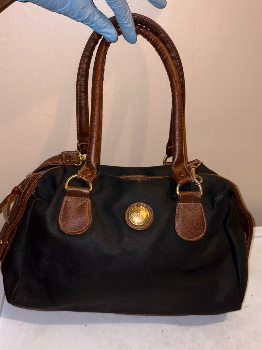 Black Satchel with Brown Leather Trim - Women's Handbag